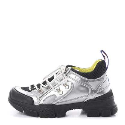 Gucci X SEGA Metallic Calfskin Mesh Womens Flashtrek Sneakers 37 Silver Black 1 of 7