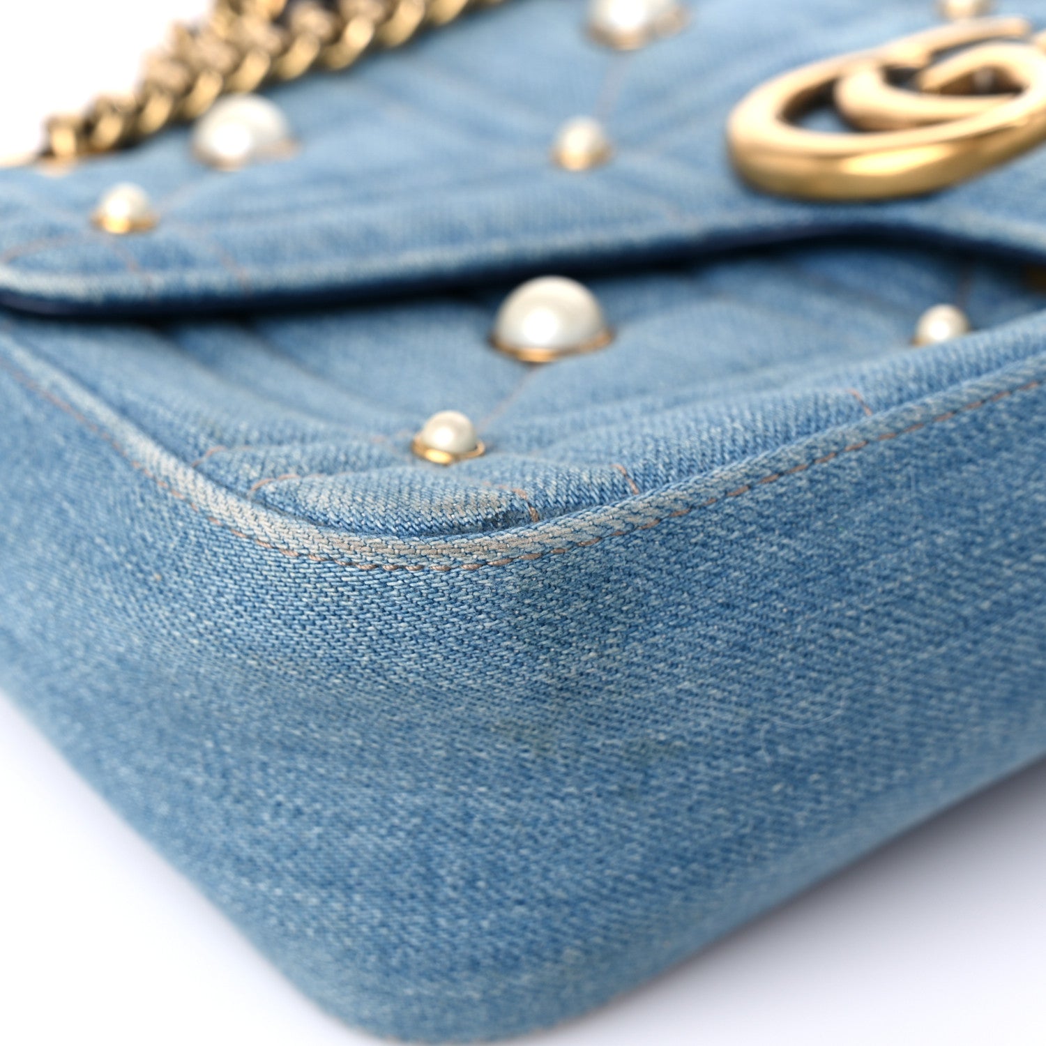 Gucci Denim Matelasse Pearl Studded Small GG Marmont Shoulder Bag Blue 8 of 16