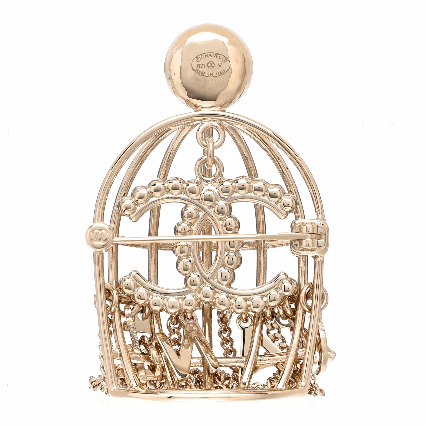 Pearl Crystal Birdcage Pin Brooch Light Gold