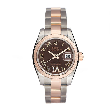 Rolex Stainless Steel 18K Everose Gold Diamond 26mm Oyster Perpetual Datejust Watch Chocolate Roman 179171 1 of 5