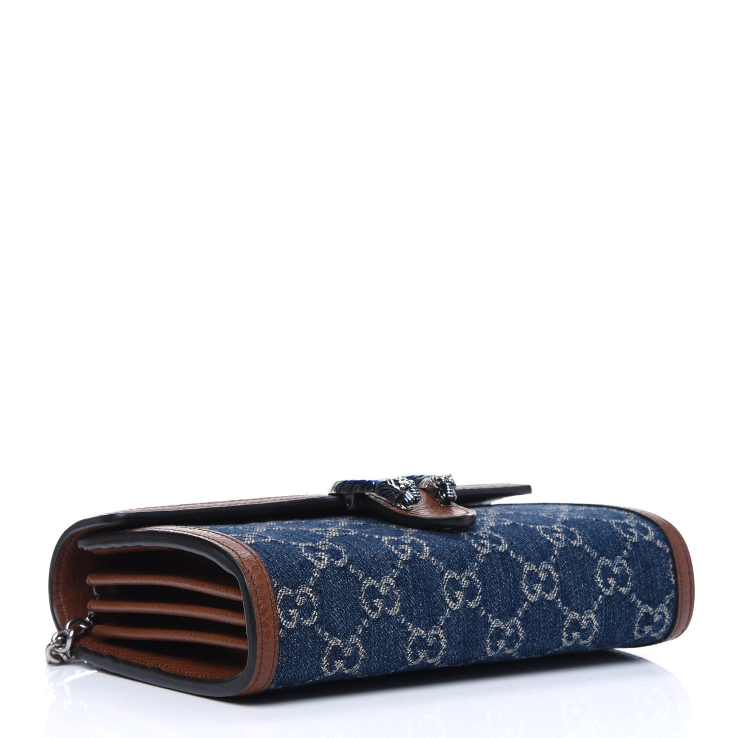 New Denim GG Monogram Dollar Calfskin Enamel Mini Dionysus Chain Wallet Blue Tea Cuir Epilog Electric Blue