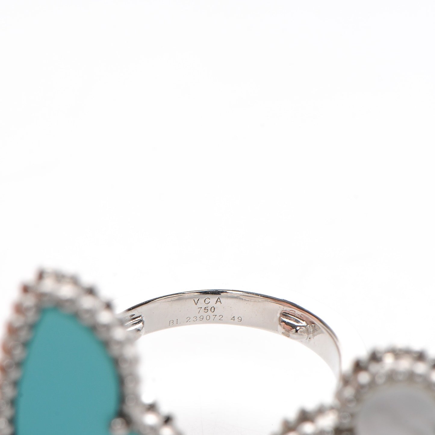 18K White Gold Mother of Pearl Turquoise Lucky Alhambra Between the Finger Ring 49 4.5