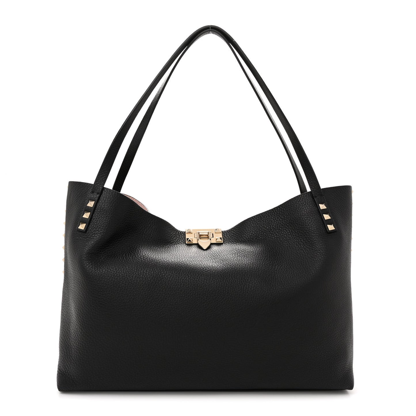 Grainy Calfskin Medium Rockstud Tote Black Rose Quartz