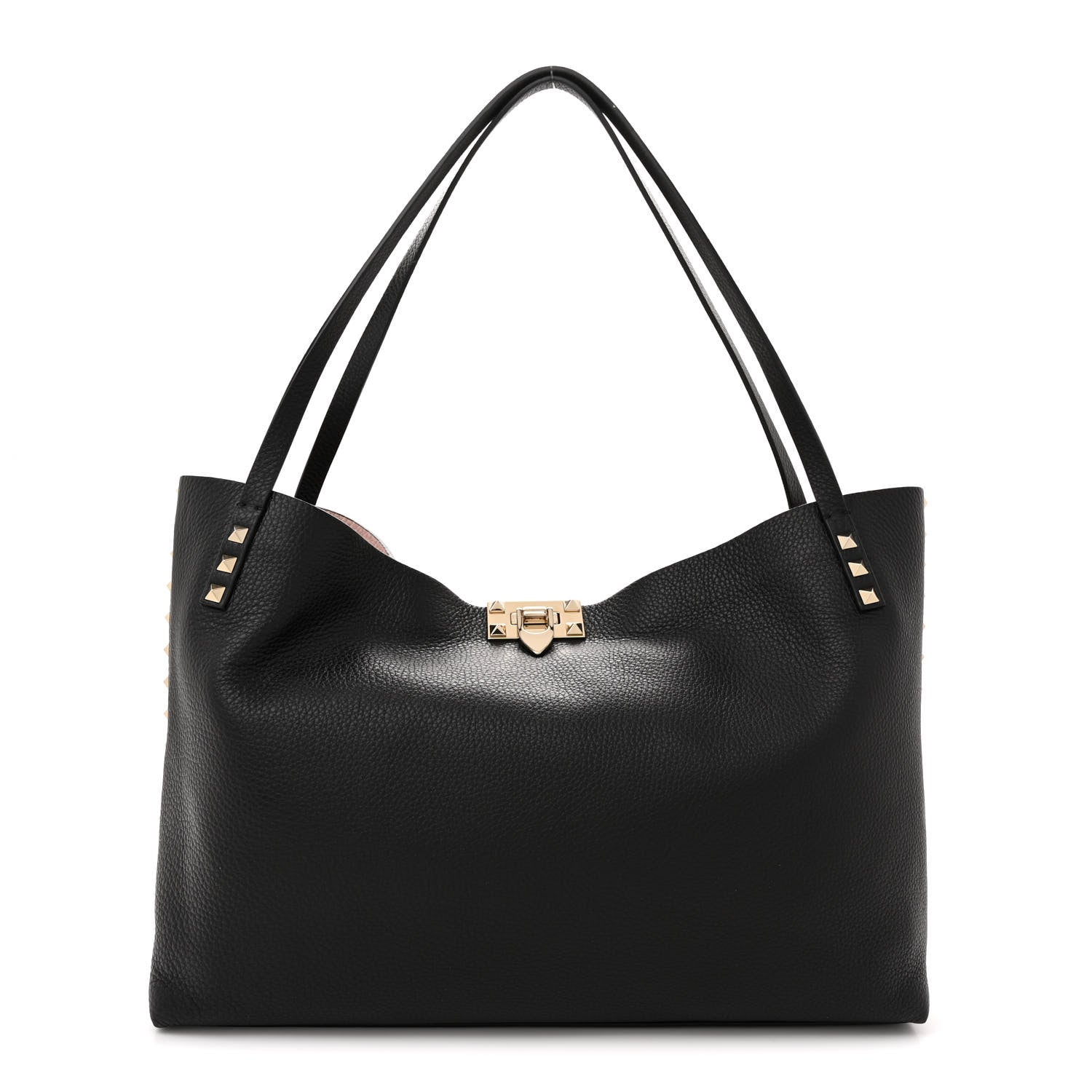 Valentino Garavani Grainy Calfskin Medium Rockstud Tote Black Rose Quartz 1 of 12