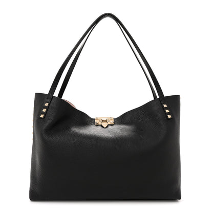 Valentino Garavani Grainy Calfskin Medium Rockstud Tote Black Rose Quartz 1 of 12