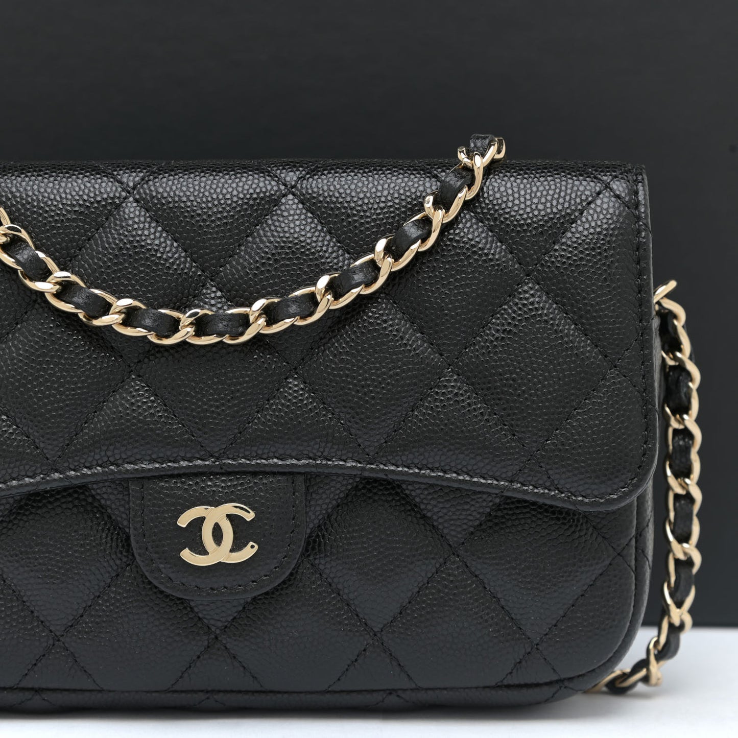 Caviar Quilted Flap Phone Holder With Chain Black