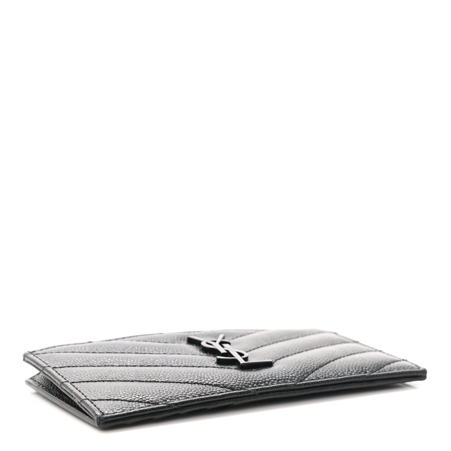 Saint Laurent Grain De Poudre Matelasse Chevron Monogram Fragments Zippered Card Case Black 4 of 8