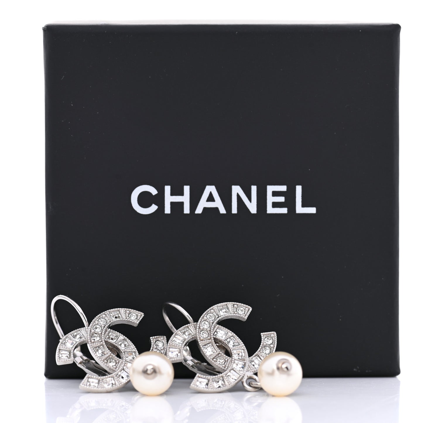 Baguette Crystal Pearl CC Drop Earrings Silver