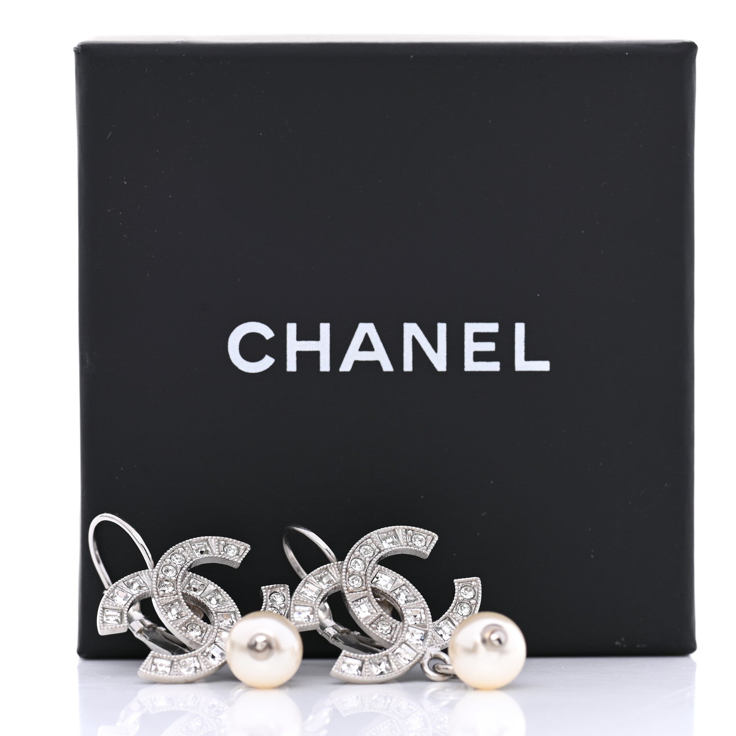 Chanel Baguette Crystal Pearl CC Drop Earrings Silver 5 of 5