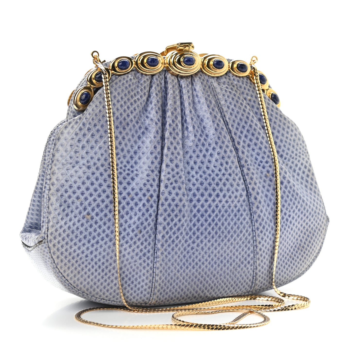 Lizard Embossed Pleated Evening Bag Blue Grey Gold
