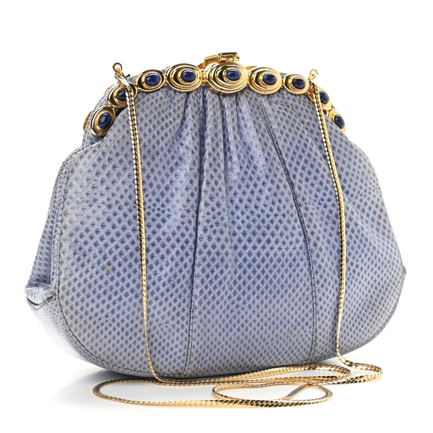 Judith Leiber Lizard Embossed Pleated Evening Bag Blue Grey Gold 3 of 8