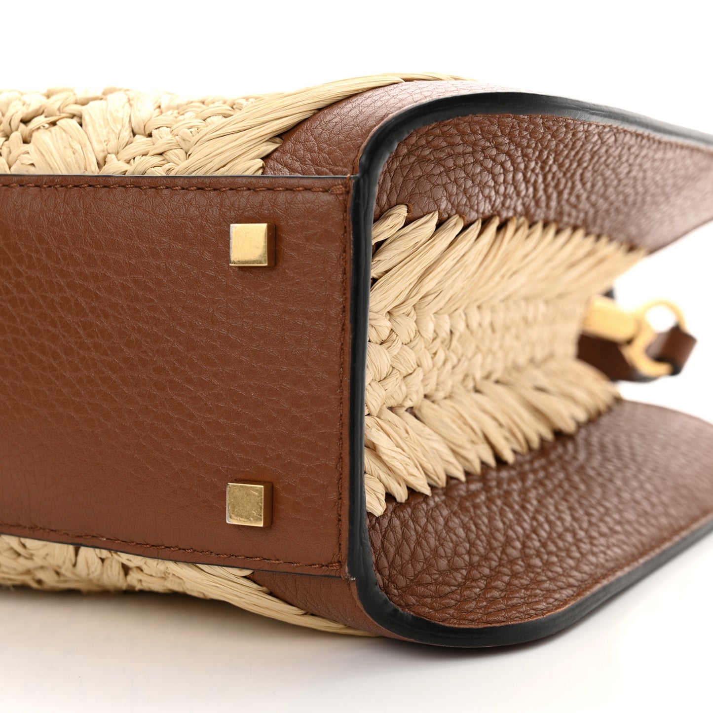 Raffia Calfskin Small Vlogo Signature Tote Natural Saddle Brown