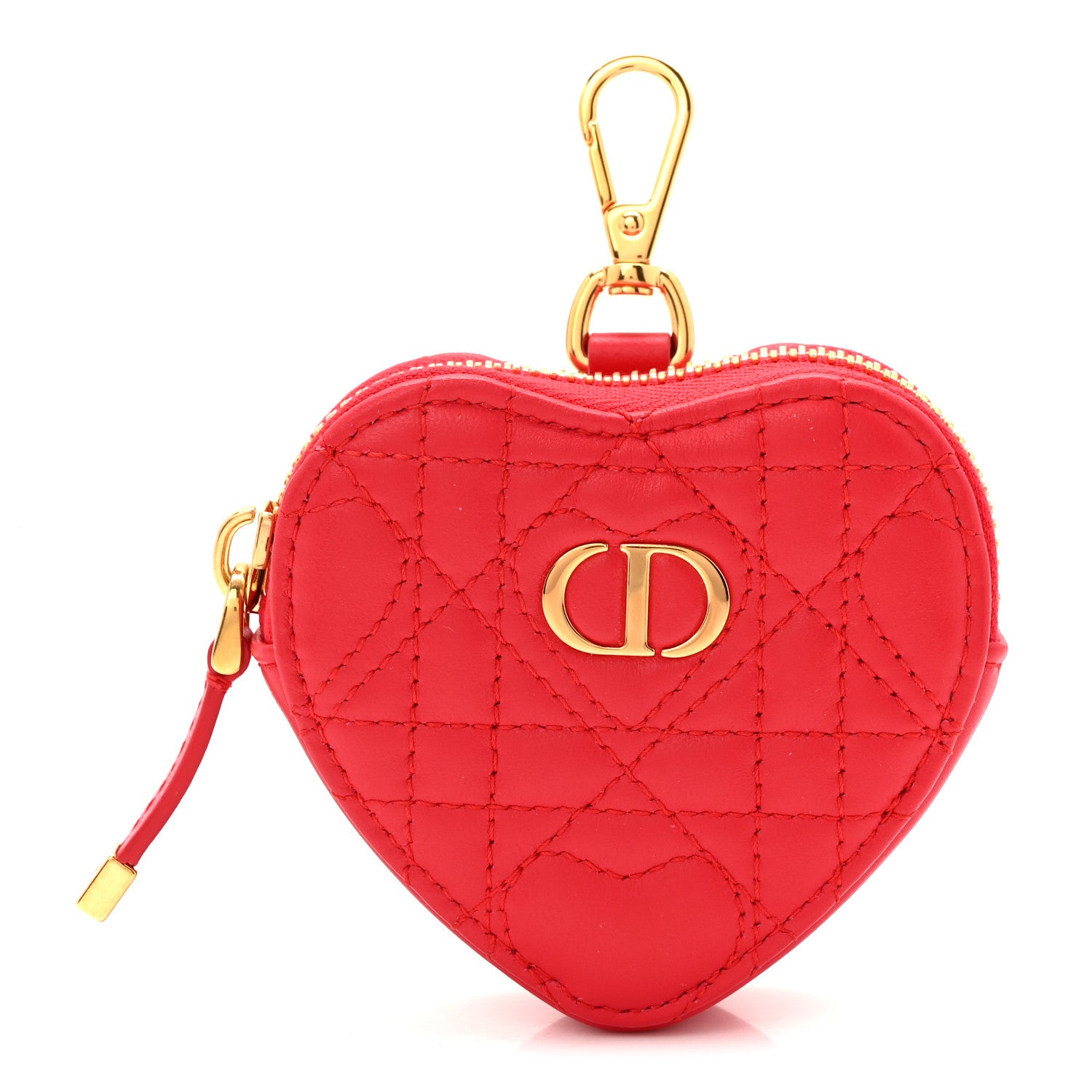 Christian Dior Lambskin Cannage Dioramour Caro Heart Coin Purse Bag Charm Red 1 of 8