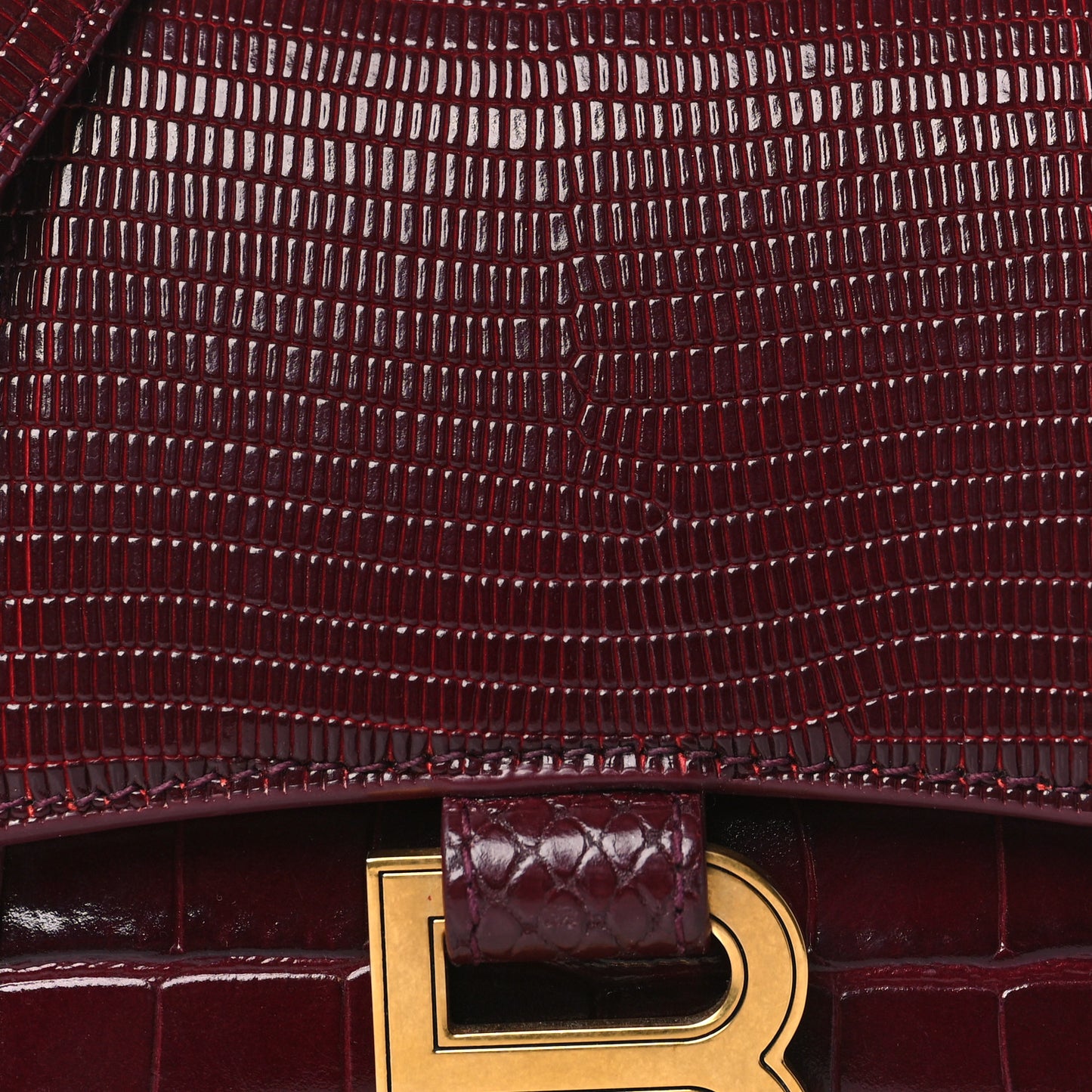 Calfskin Crocodile Lizard Embossed XS Patchwork Hourglass Top Handle Bag Burgundy