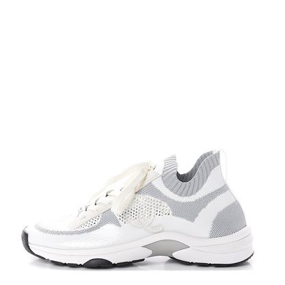 Chanel Fabric Suede Calfskin Stretch CC Sneakers 38 White Grey 1 of 6