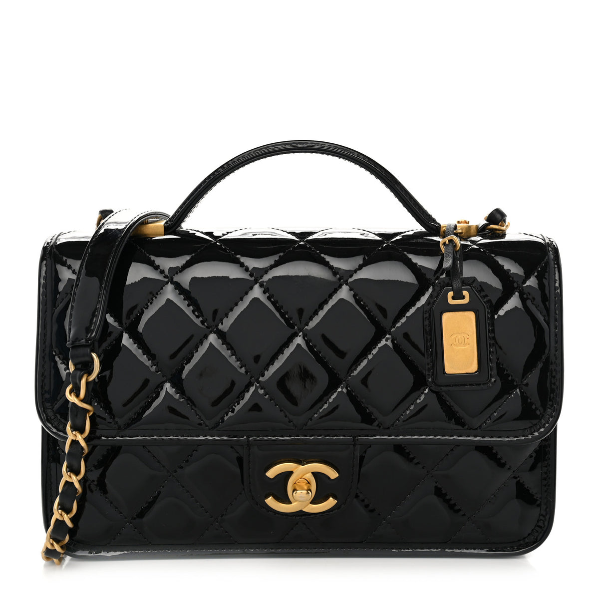 Patent Quilted Small School Memory Top Handle Flap Black