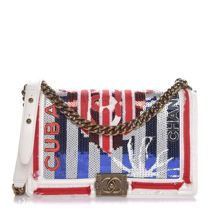 Chanel Sequin Canvas New Medium Cuba Boy Flap White Blue Red 1 of 7