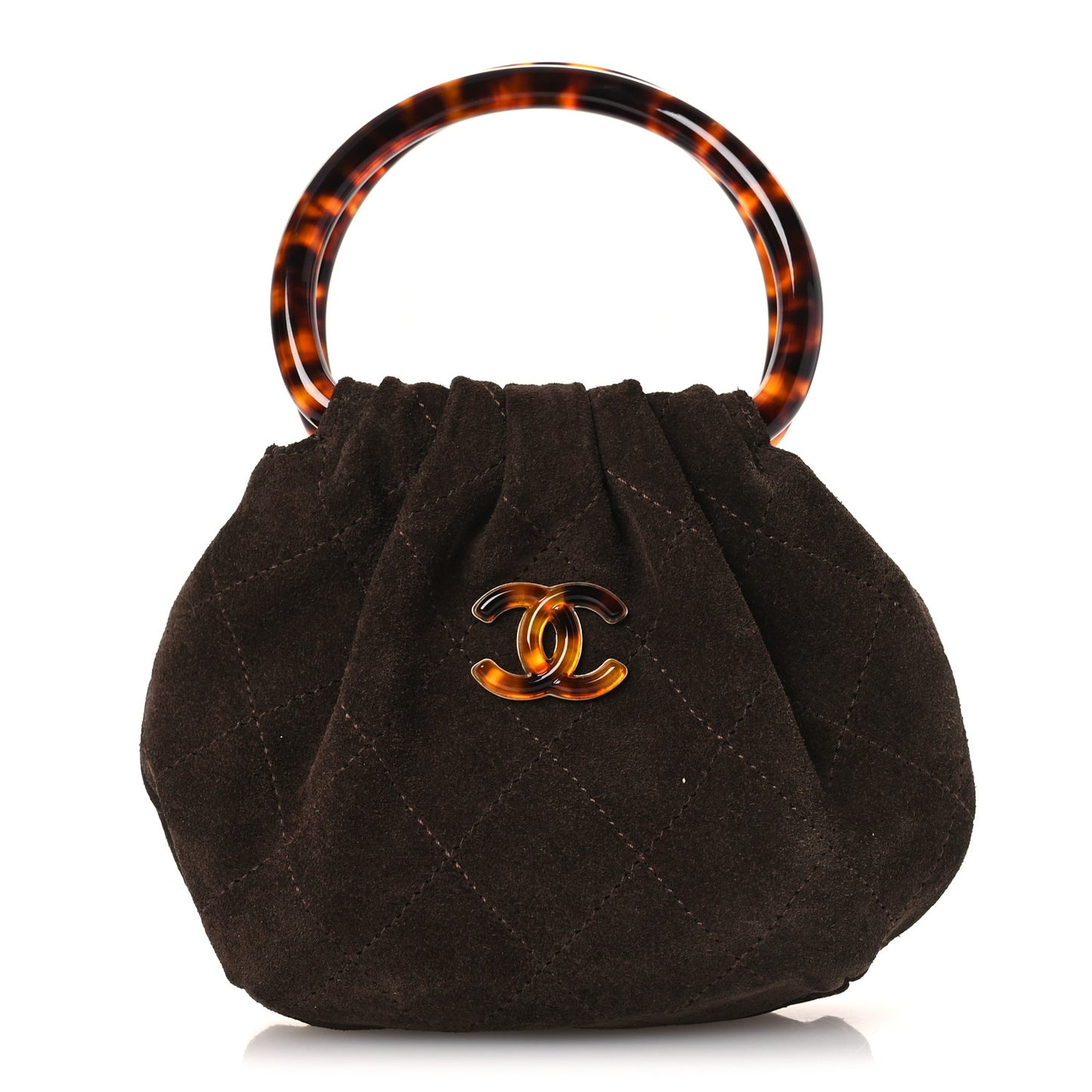 Suede Calfskin Plexiglass Tortoise Shell Quilted Mini Pouch Brown