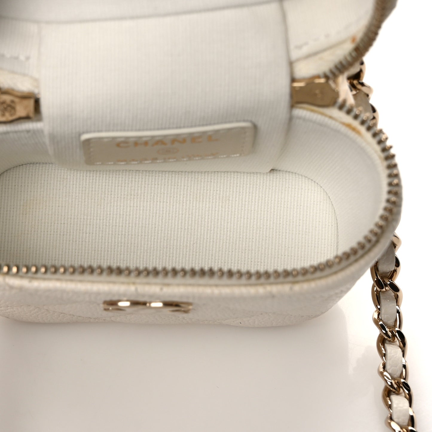 Caviar Quilted Small Handle With Care Vanity Case With Chain White