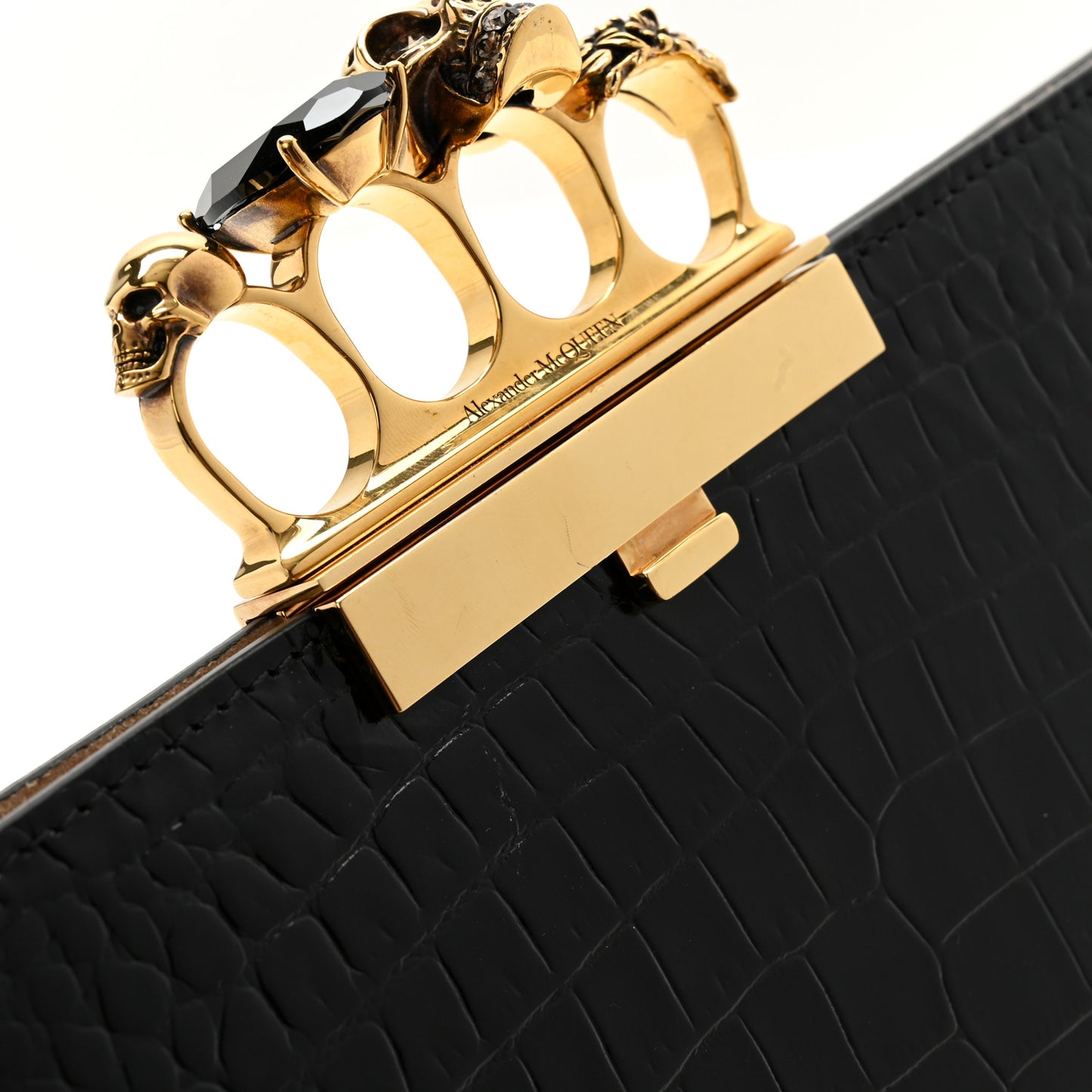 Calfskin Crocodile Embossed Knuckle Flat Clutch Black Gold