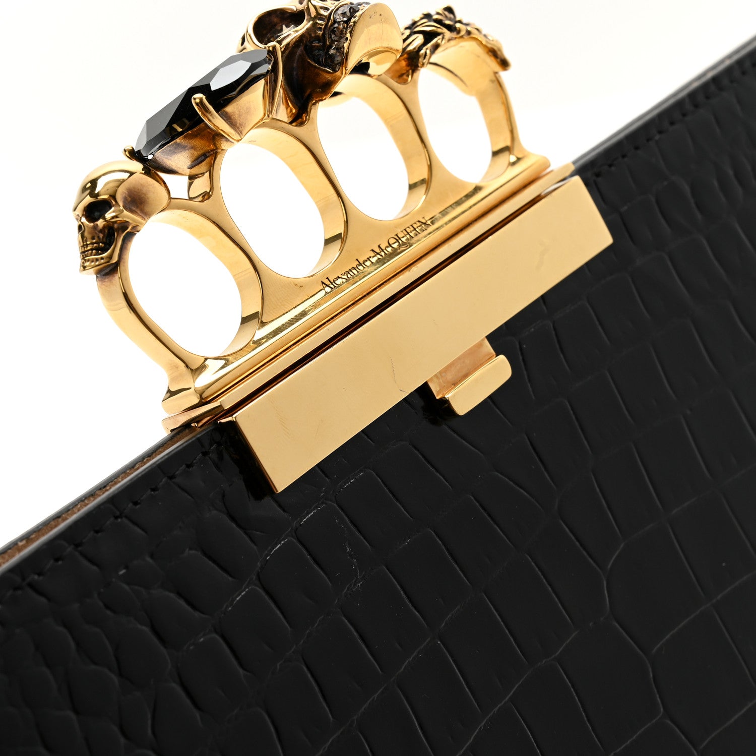 Alexander McQueen Calfskin Crocodile Embossed Knuckle Flat Clutch Black Gold 7 of 9