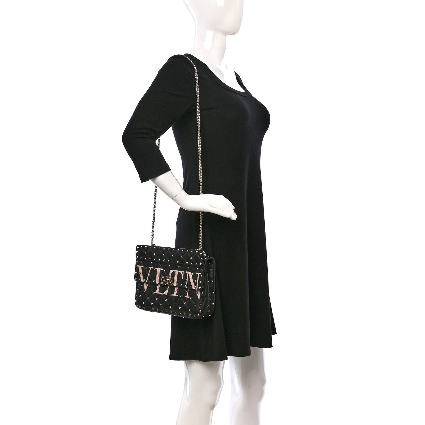 Lambskin VLTN Print Medium Rockstud Spike Shoulder Bag Black