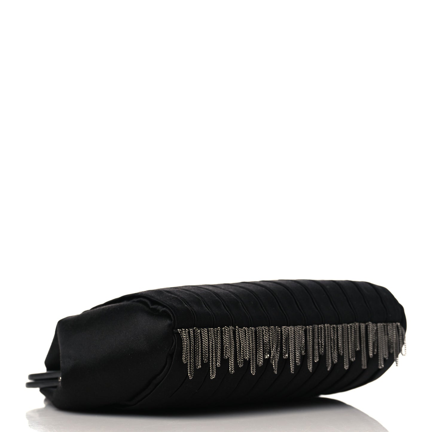 Satin Vertical Pleats Chain Fringe Evening Bag Black