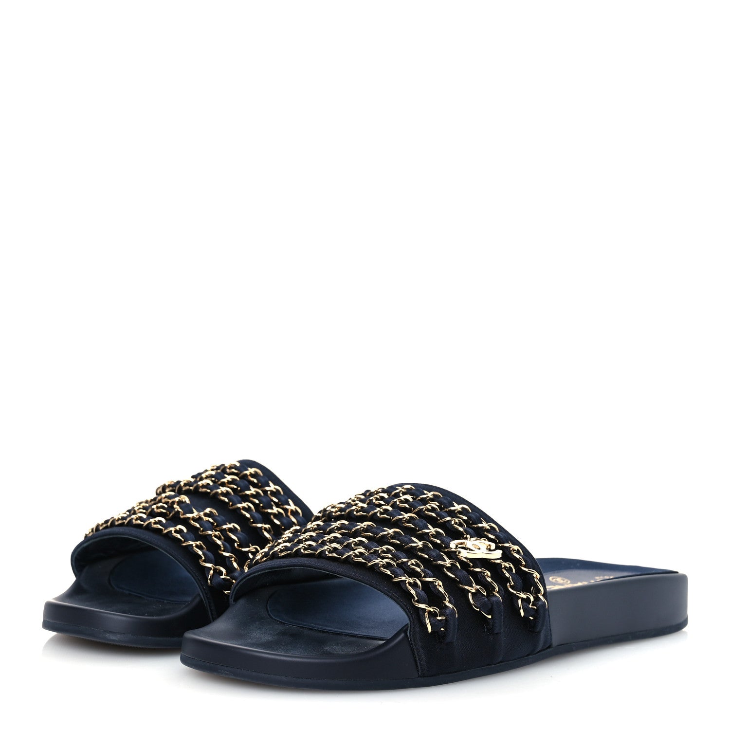 Chanel Satin Canvas Chain Slides Sandals Flats 40 Marine 4 of 12