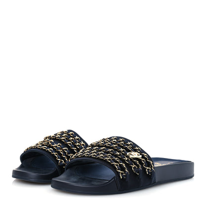 Chanel Satin Canvas Chain Slides Sandals Flats 40 Marine 4 of 12