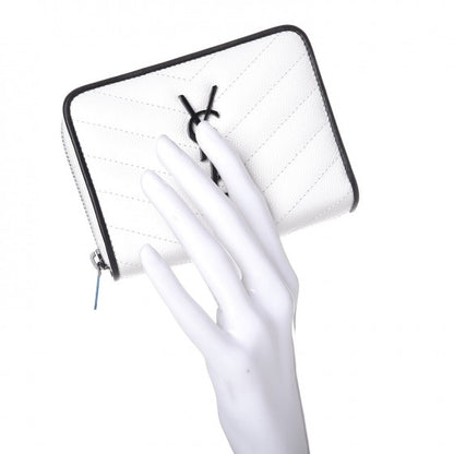 Saint Laurent Grain De Poudre Matelasse Chevron Monogram Compact Zip Around Wallet Optical White Black 2 of 8