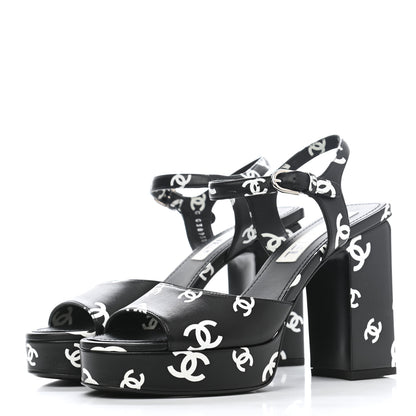 Chanel Printed Lambskin Coco Beach Platform Sandals 37 Black White 3 of 9