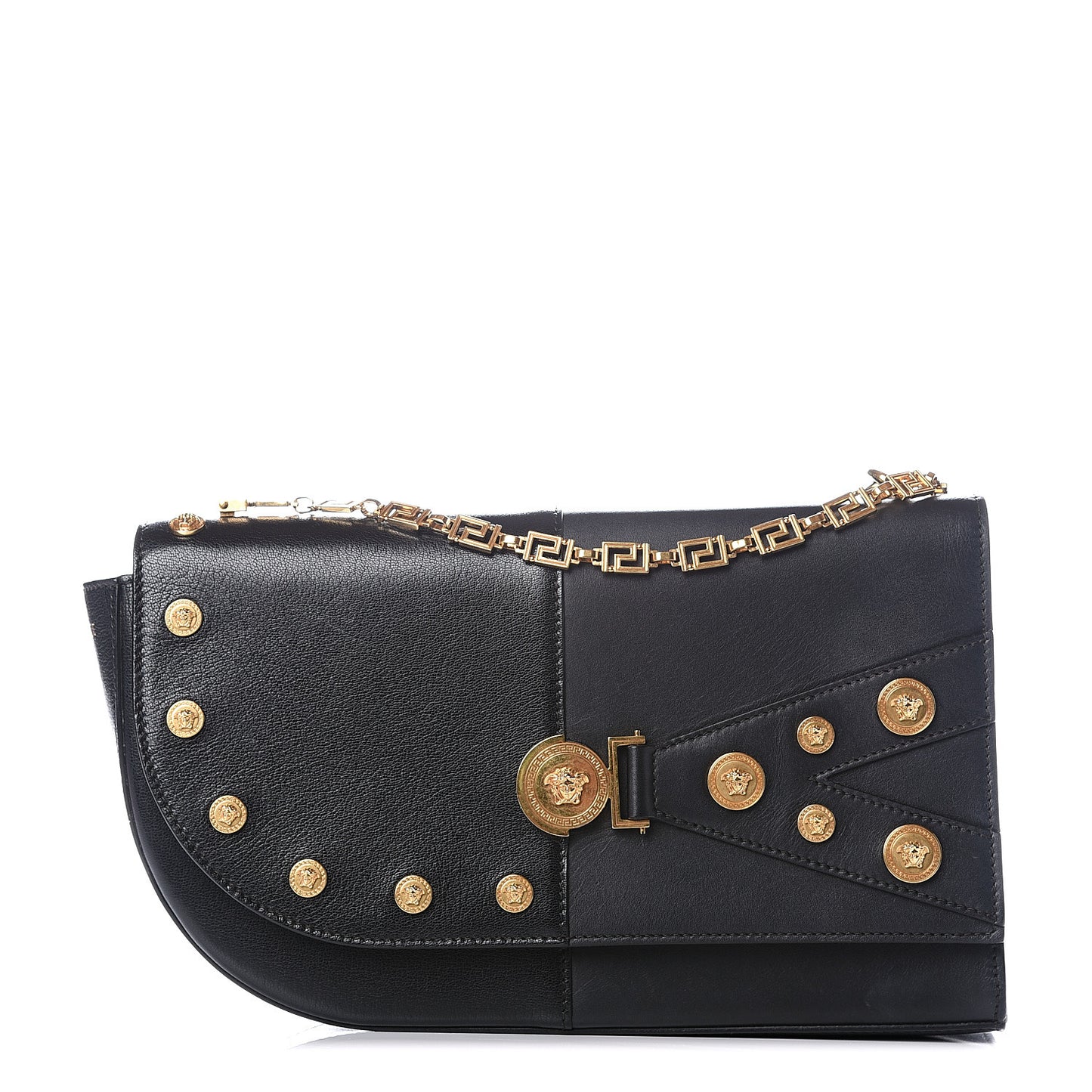 Calfskin Goatskin Medallion Tribute Chain Shoulder Bag Black