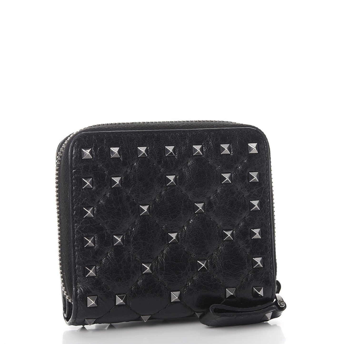 Craquele Nappa Rockstud Spike Compact Zip Around Wallet Black