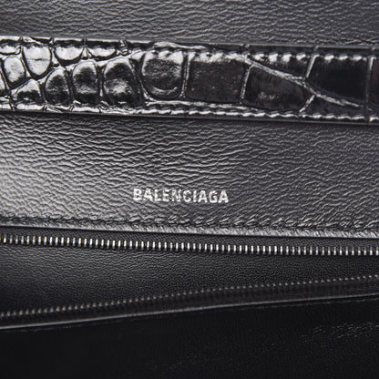 Balenciaga Shiny Calfskin Monochrome Crocodile Embossed Small Hourglass Sling Shoulder Bag Black 6 of 9
