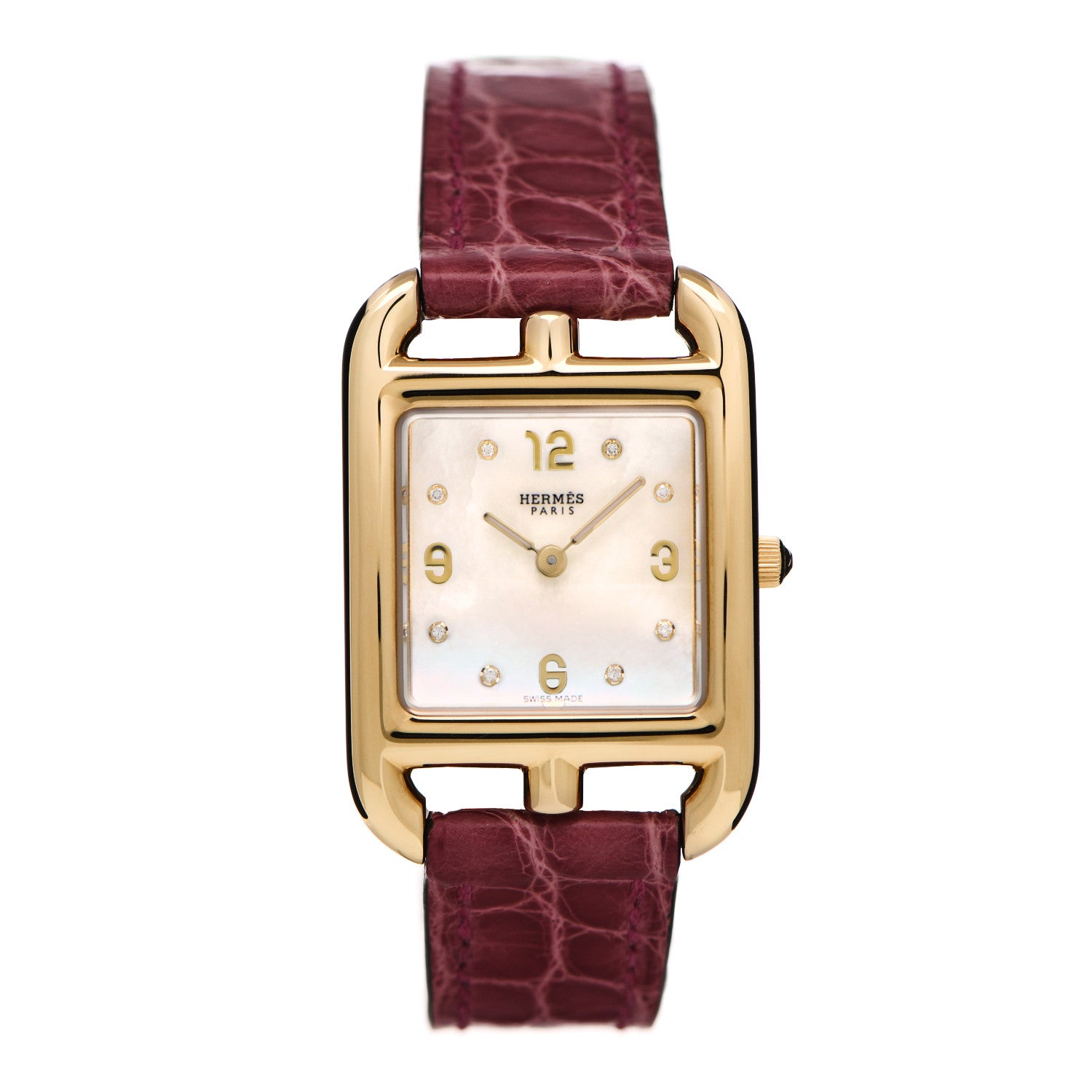 Hermes 18K Yellow Gold Alligator Diamond Mother of Pearl 23mm Cape Cod Quartz Watch Braise 1 of 5