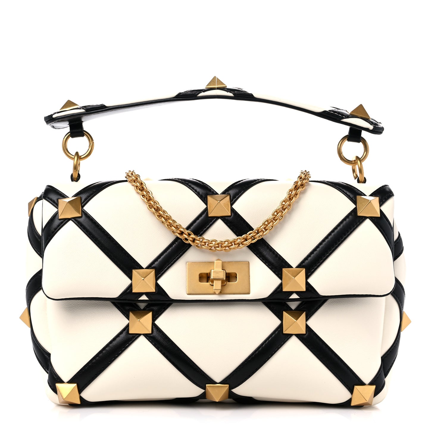 Nappa Large Roman Stud Shoulder Bag Ivory Black