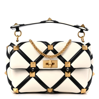 Valentino Garavani Nappa Large Roman Stud Shoulder Bag Ivory Black 1 of 8