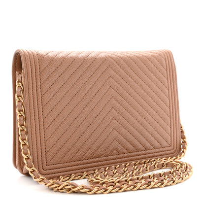 Chanel Caviar Chevron Quilted Boy Wallet On Chain WOC Dark Beige 3 of 12