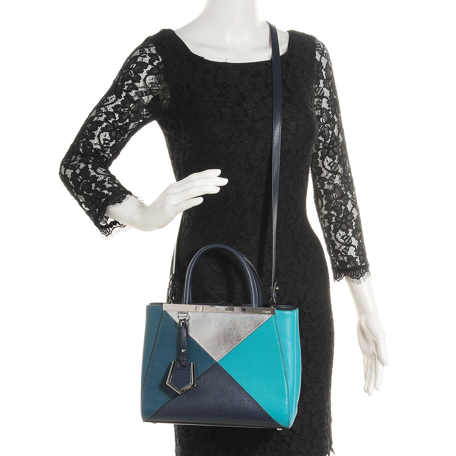 Fendi Vitello Elite Colorblock Petite 2Jours Tote Lavagna Oceano Argento 2 of 13