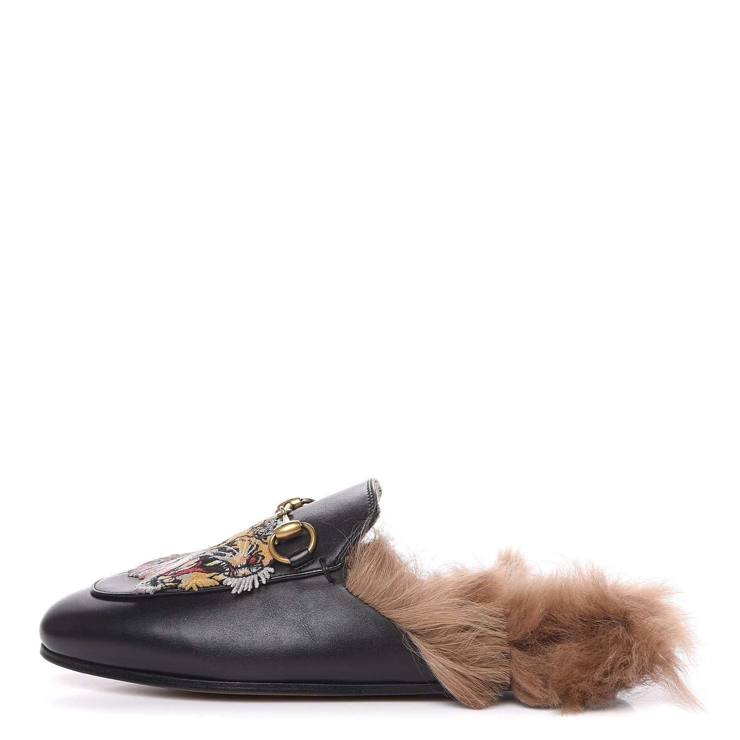Gucci Calfskin Fur Tiger Embroidered Womens Princetown Slippers 34.5 Black 1 of 9