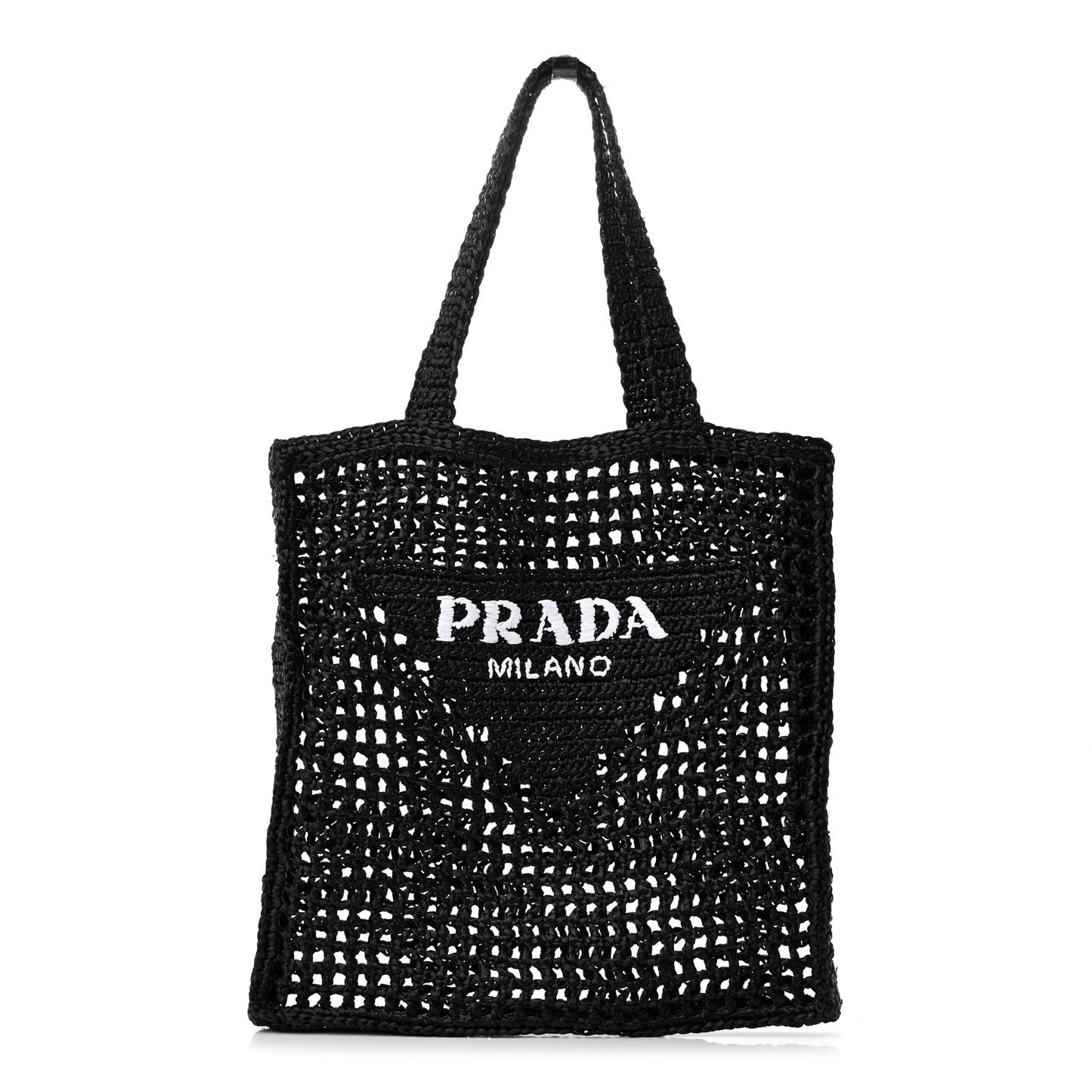 Yarn Raffia Effect Crochet Logo Embroidered Tote Bag Black