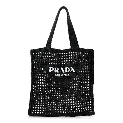 Prada Yarn Raffia Effect Crochet Logo Embroidered Tote Bag Black 1 of 12
