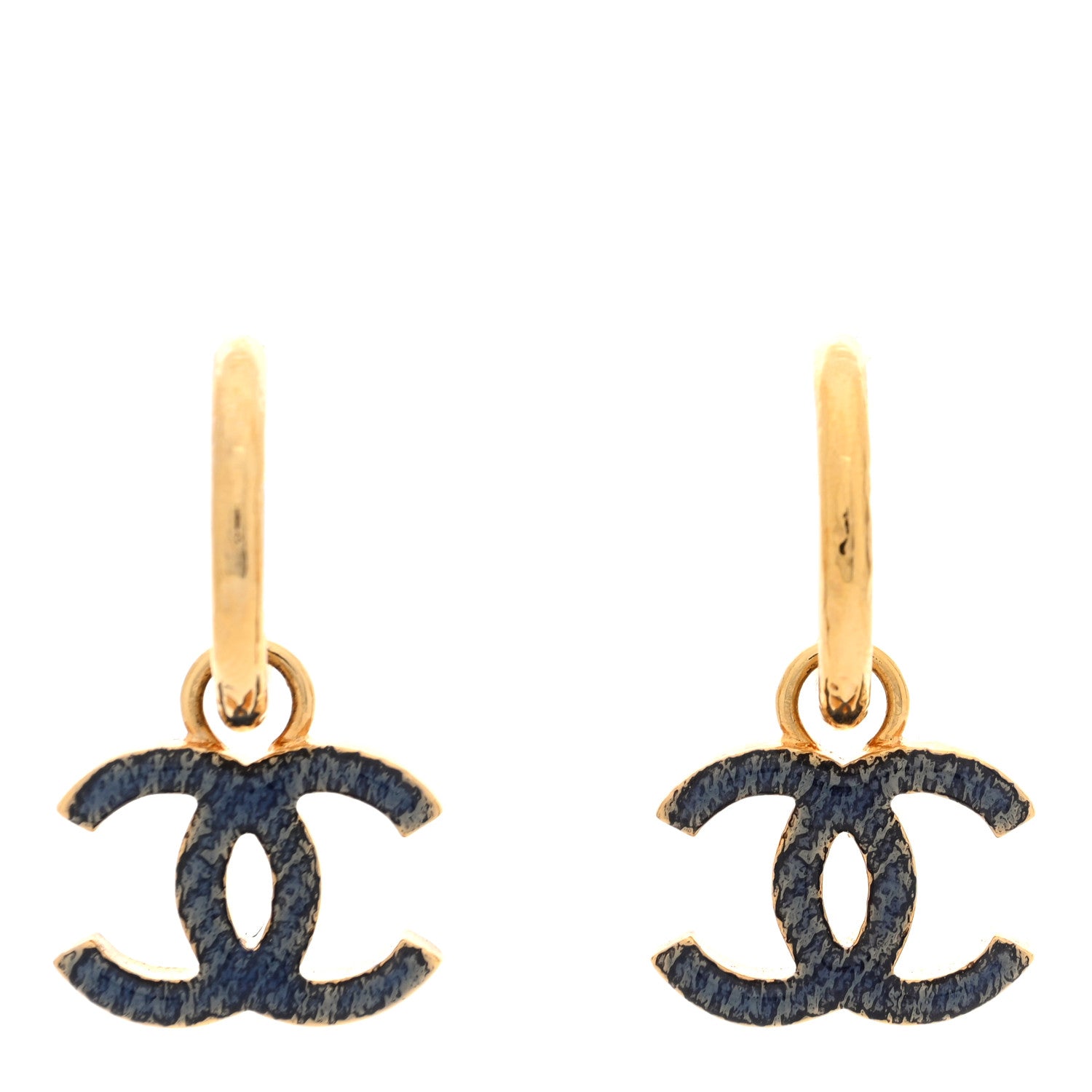 Chanel Metal Enamel CC Hoop Earrings Gold Denim Blue 1 of 5