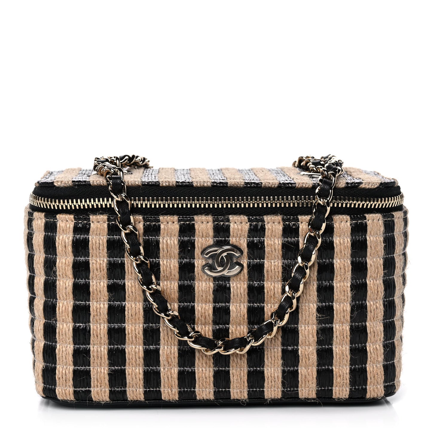 Raffia Jute Striped Small Vanity Case With Chain Black Beige