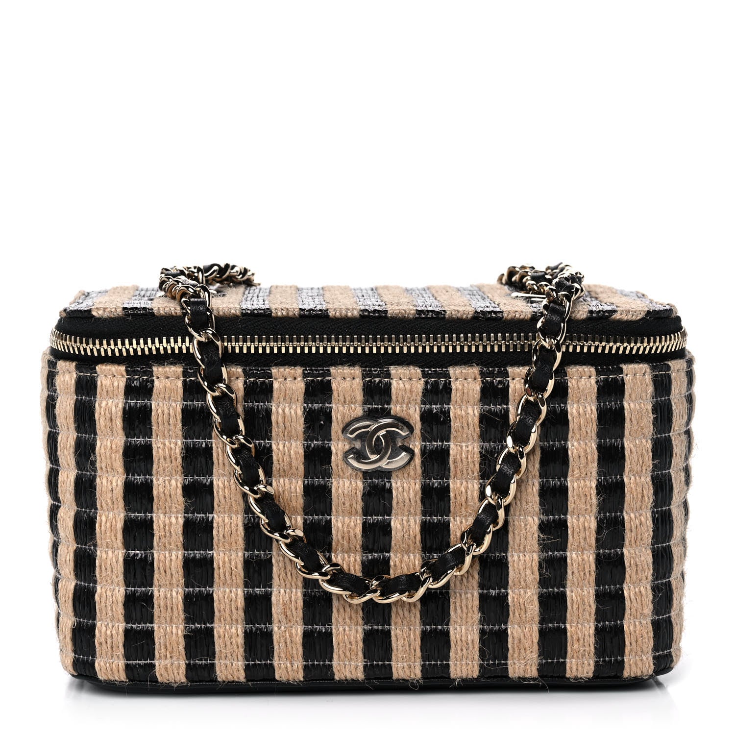 Chanel Raffia Jute Striped Small Vanity Case With Chain Black Beige 1 of 11