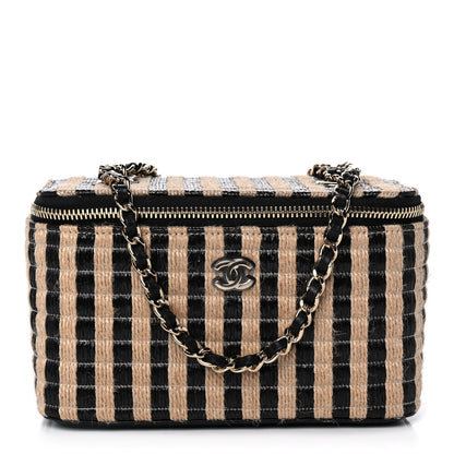 Chanel Raffia Jute Striped Small Vanity Case With Chain Black Beige 1 of 11