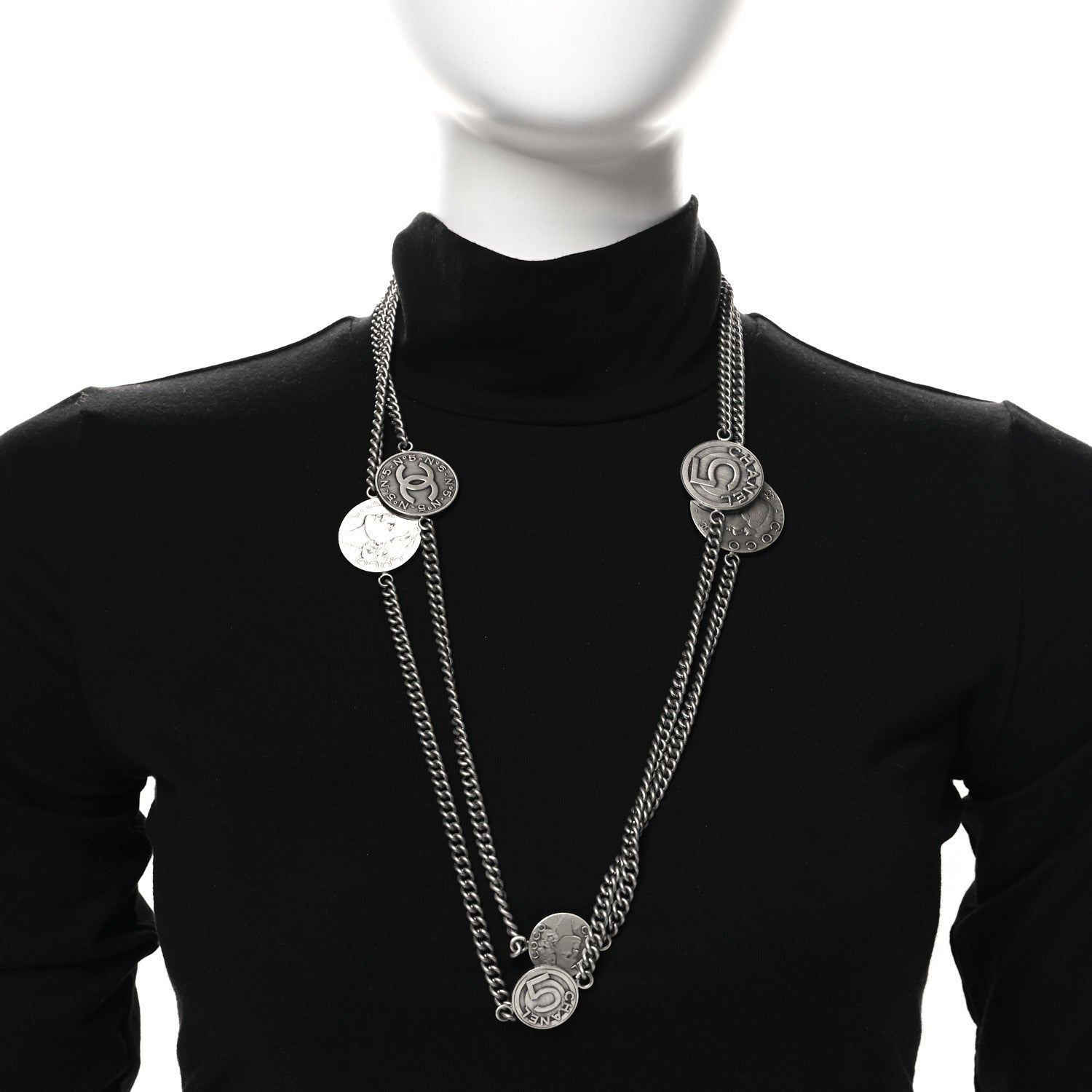Chanel Metal Coin Long Necklace Silver 2 of 5
