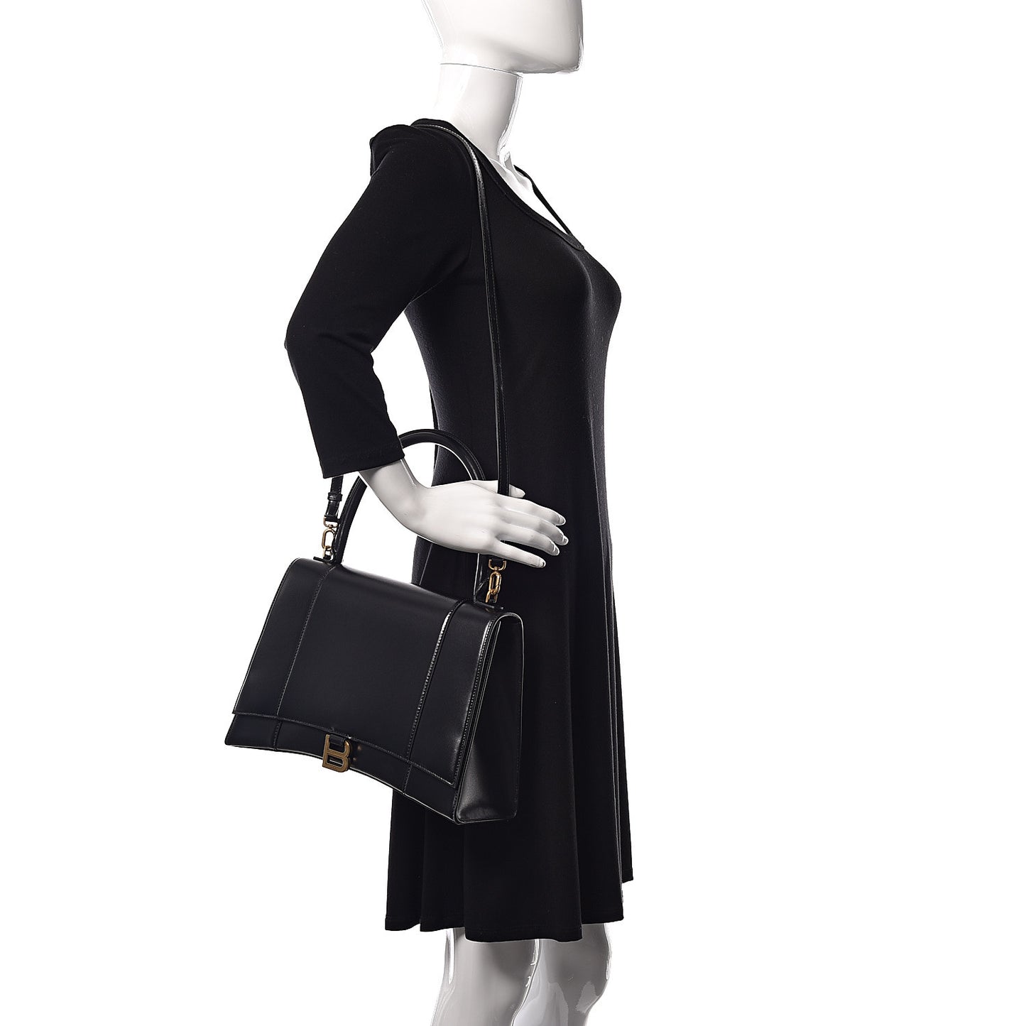 Shiny Box Calfskin Medium Hourglass Top Handle Bag Black