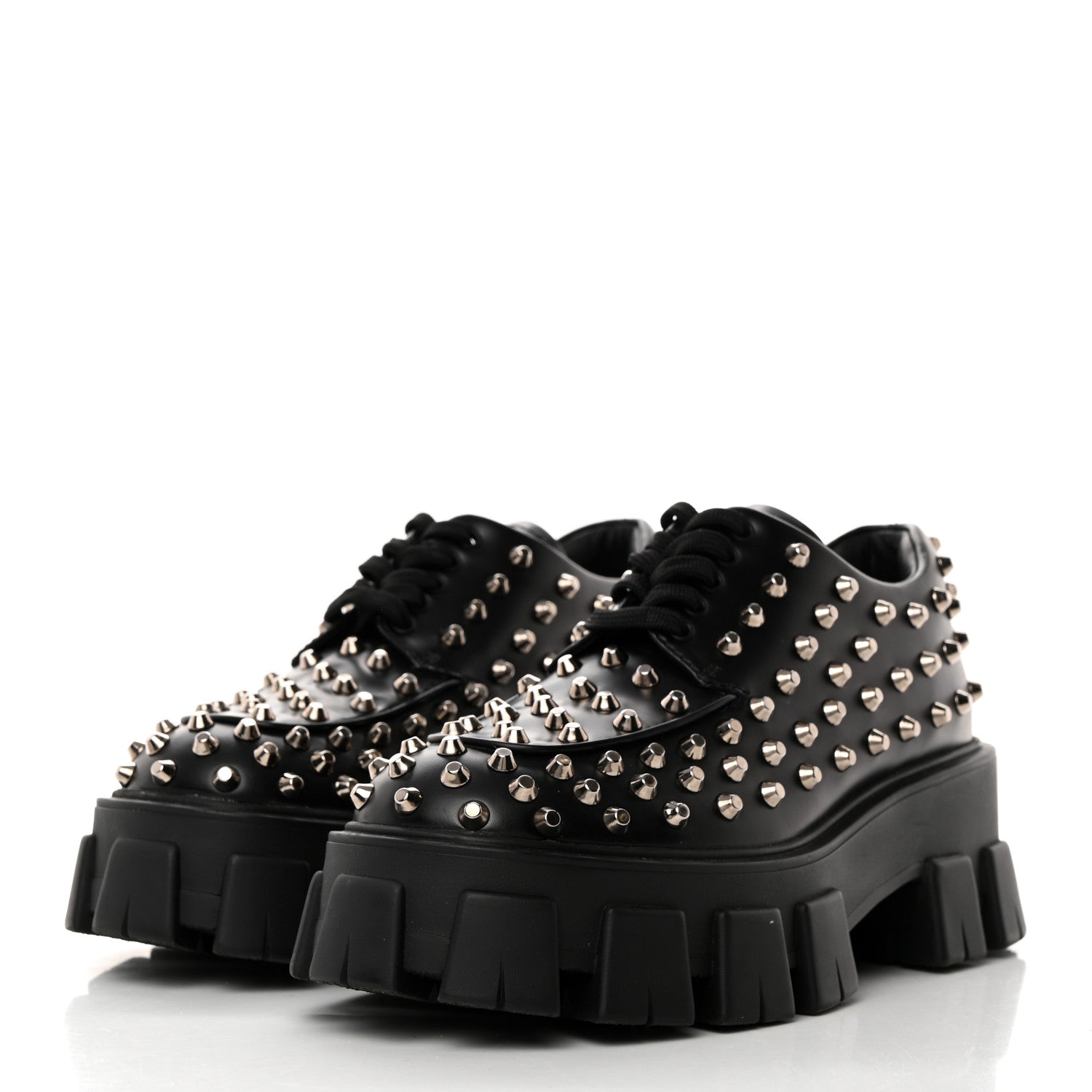 Prada Spazzolato Rois Studded Lace Up Monolith 55mm Derby Loafers 36.5 Black 3 of 9