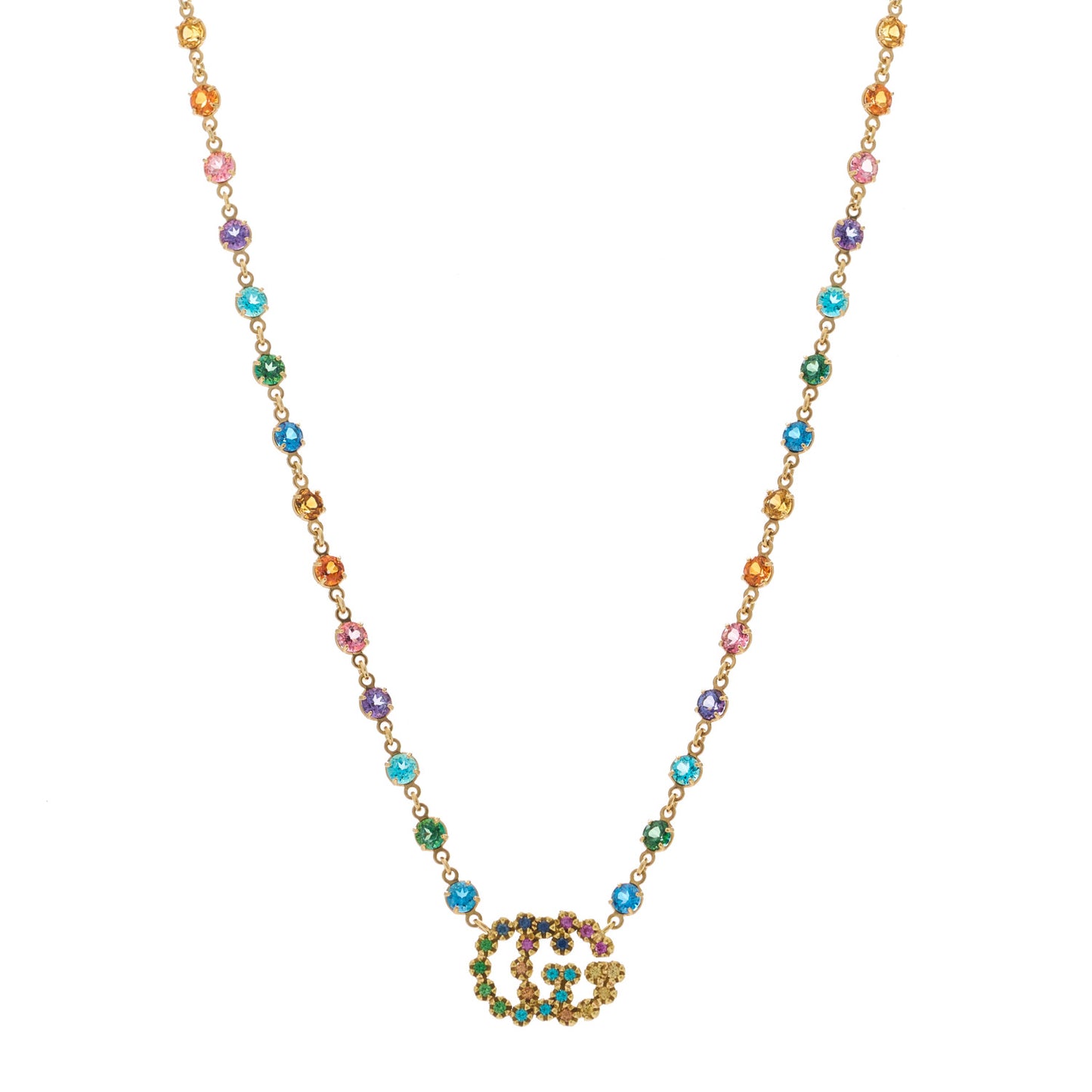 18K Yellow Gold Multistone Running GG Pendant Necklace